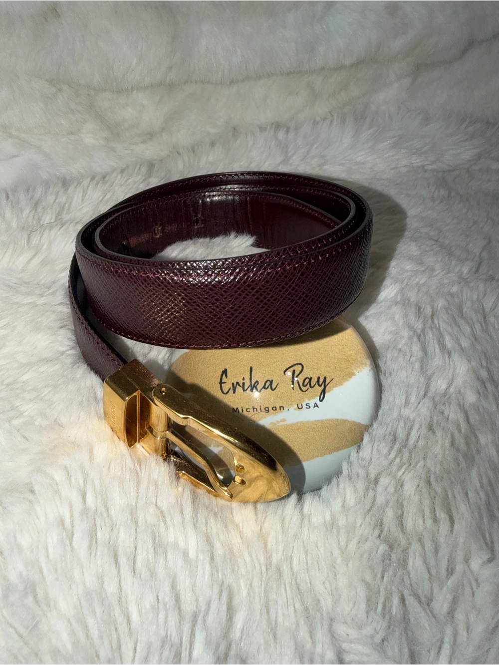 Louis Vuitton Burgundy Leather Belt with Gold Buckle- GOOD CONDITION